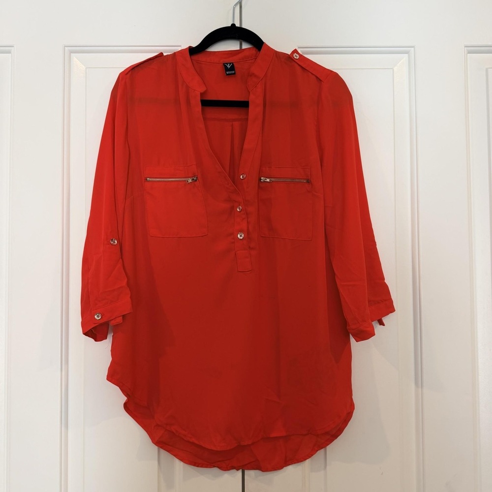 Windsor Top L Red Orange Chiffon Henley Tunic Zip Pocket Roll Tab Sleeve Blouse